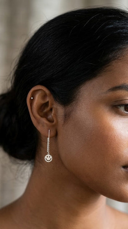 Sadabahaar Jewelry 92.5 hallmark silver sui dhaaga smiley face cut out earrings linear chain cute daily wear happy reminder