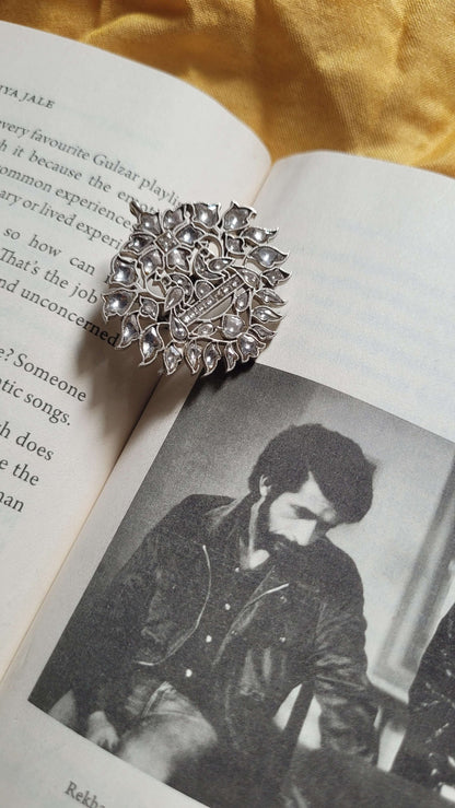Side view of Mythili Ring in pure silver with handcrafted detailing