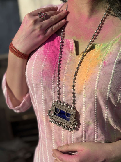 Side view of Neelkantha Necklace in pure silver with handcrafted detailing
