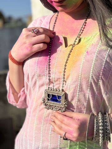 Side view of Neelkantha Necklace in pure silver with handcrafted detailing