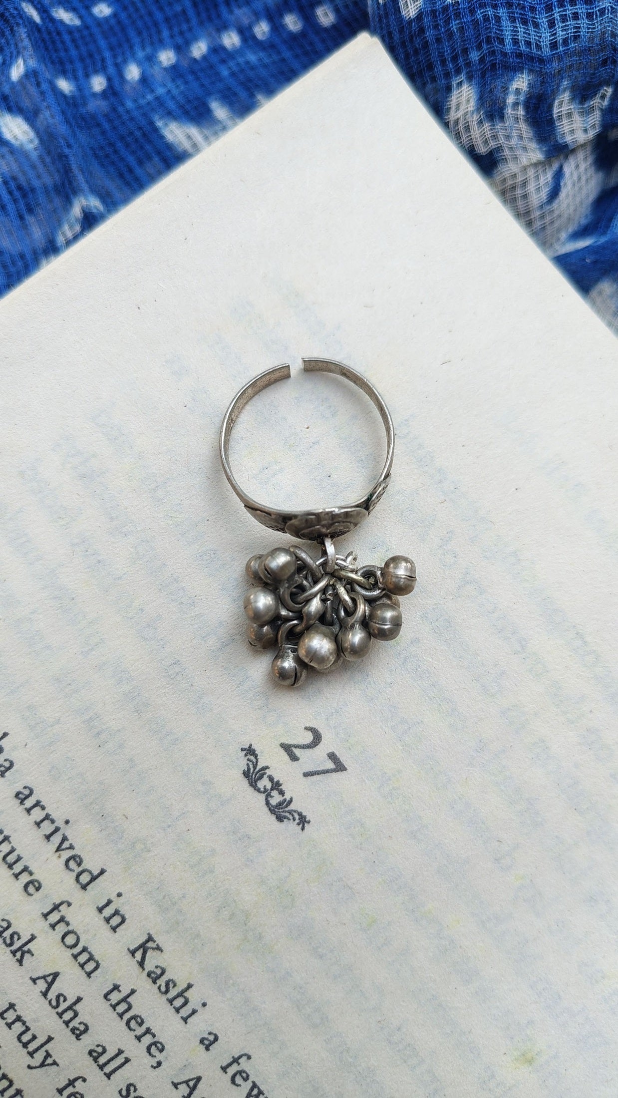 Sadabahaar Jewelry Authentic Vintage Silver Ghungroo Ring with Embossed Adjustable Band for Women