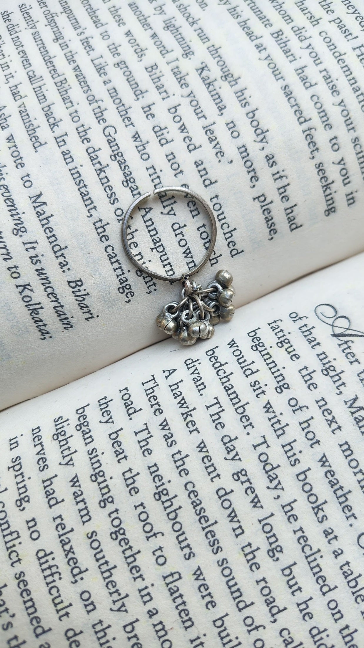 Sadabahaar Jewelry Authentic Vintage Silver Ghungroo Ring with Embossed Adjustable Band for Women - top view