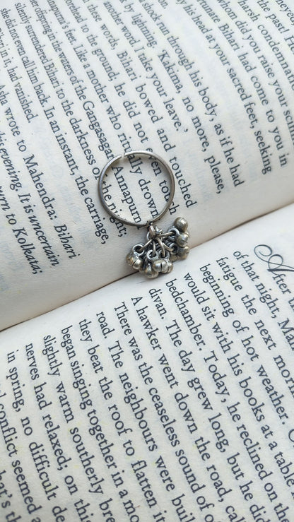 Sadabahaar Jewelry Authentic Vintage Silver Ghungroo Ring with Embossed Adjustable Band for Women - top view