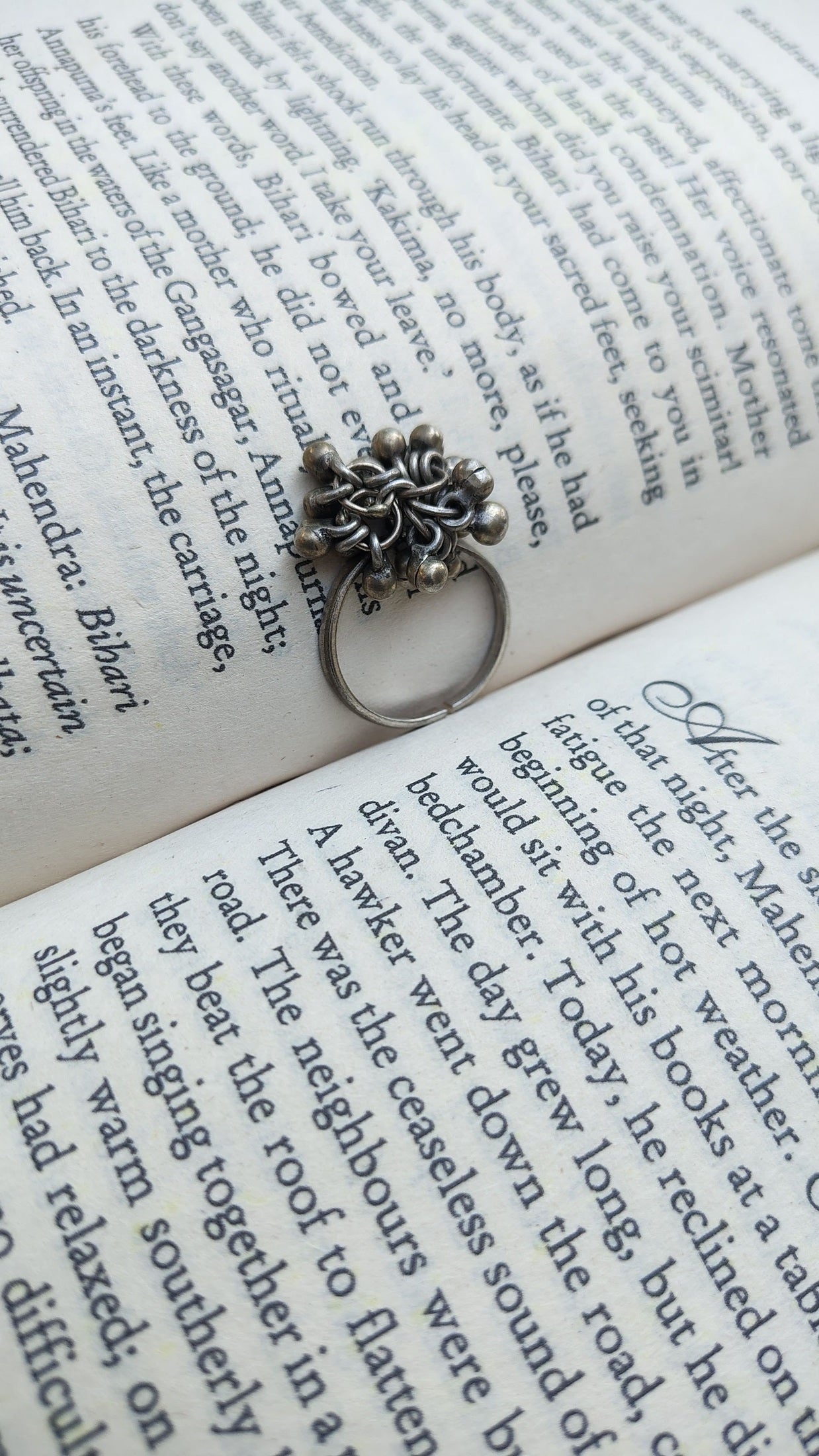 Sadabahaar Jewelry Authentic Vintage Silver Ghungroo Ring with Embossed Adjustable Band for Women - top view