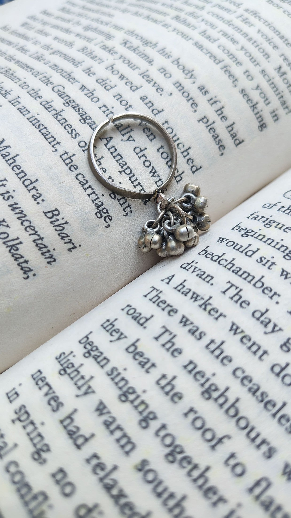 Sadabahaar Jewelry Authentic Vintage Silver Ghungroo Ring with Embossed Adjustable Band for Women - side view