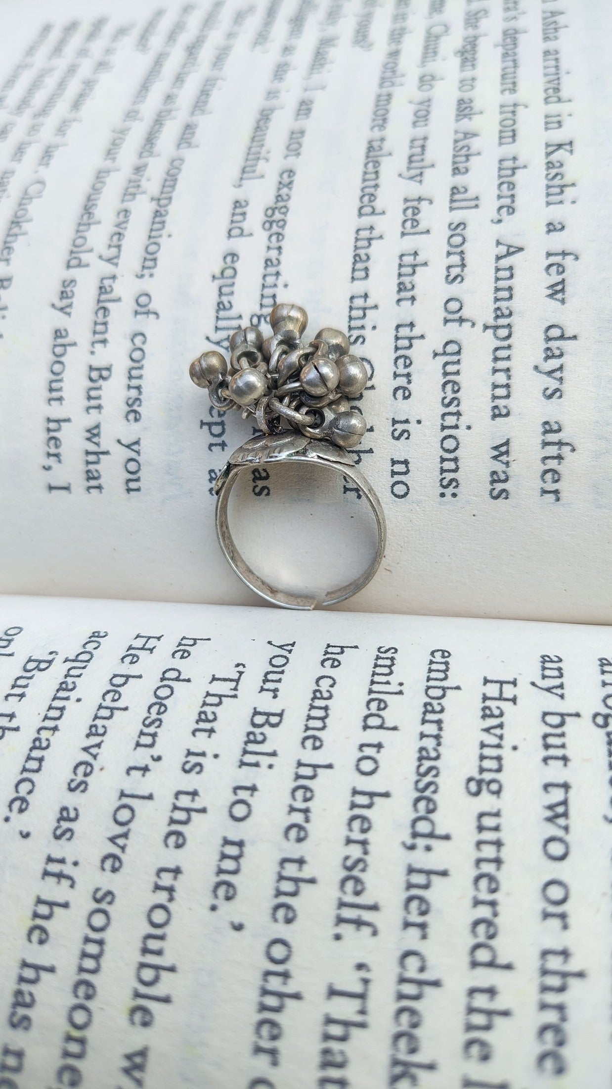 Sadabahaar Jewelry Authentic Vintage Silver Ghungroo Ring with Embossed Adjustable Band for Women - top view