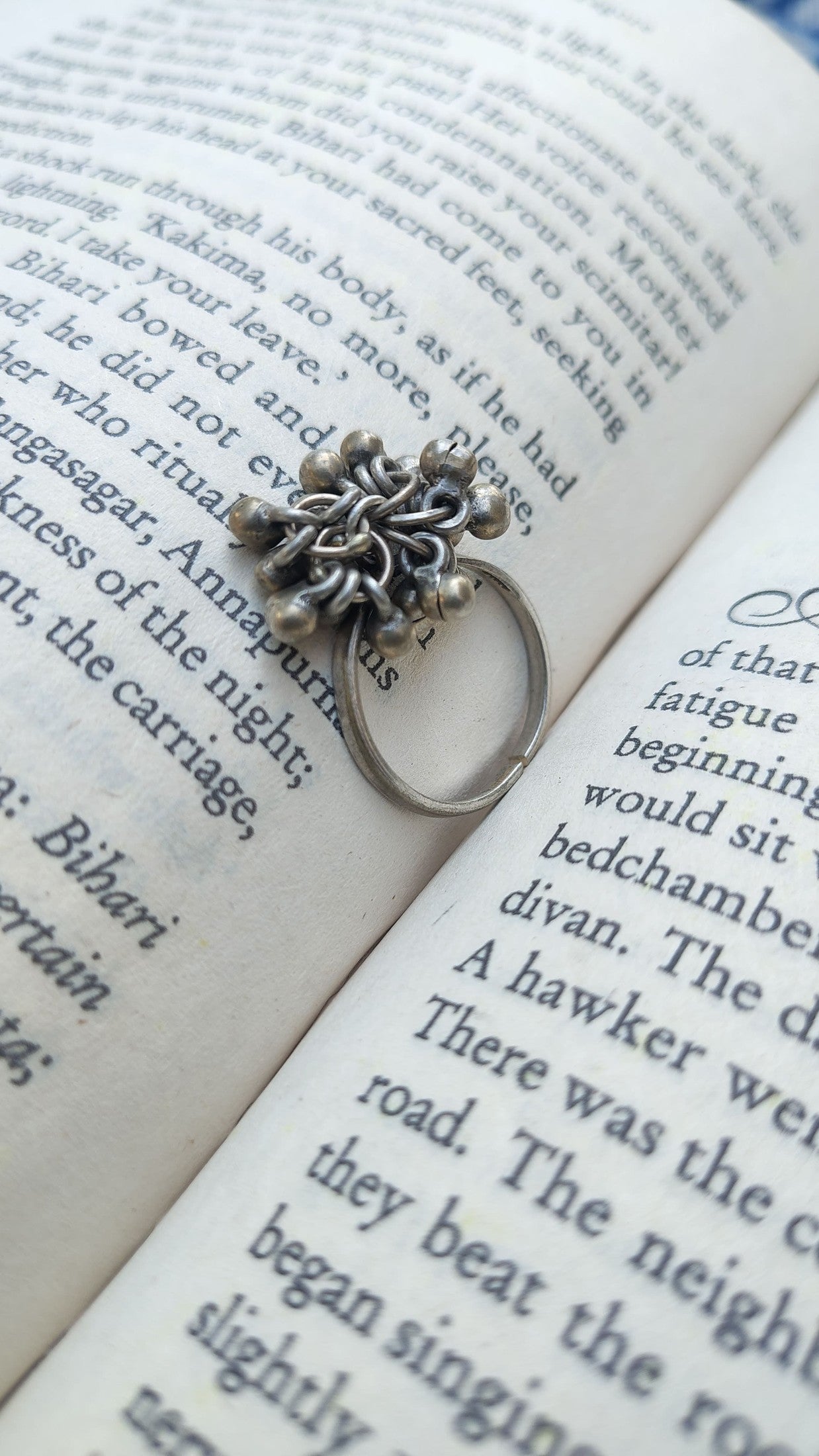 Sadabahaar Jewelry Authentic Vintage Silver Ghungroo Ring with Embossed Adjustable Band for Women - side view