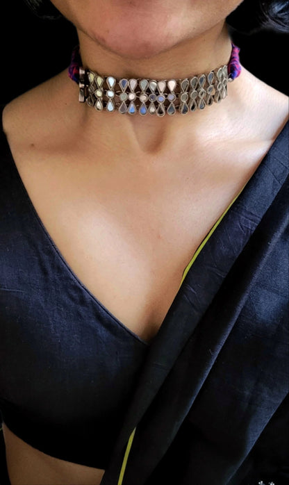 Side view of Nishchhal Choker in pure silver with handcrafted detailing