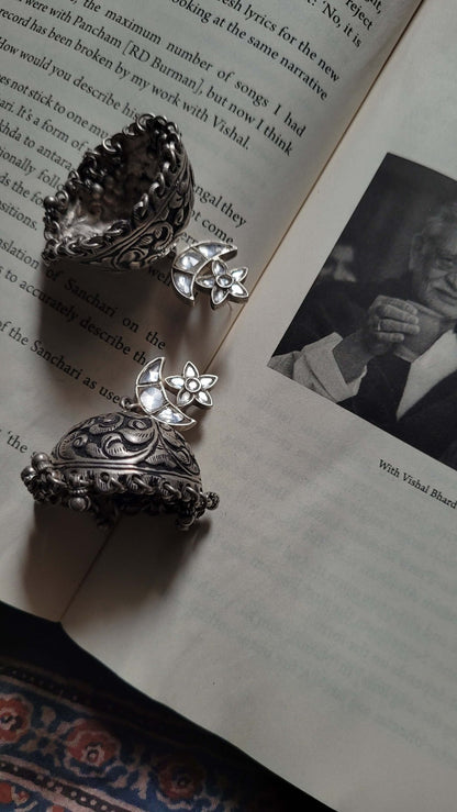 Side view of Noorani Jhumka in pure silver with handcrafted detailing