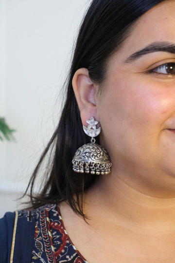 Noorani Jhumka in pure silver with handcrafted detailing