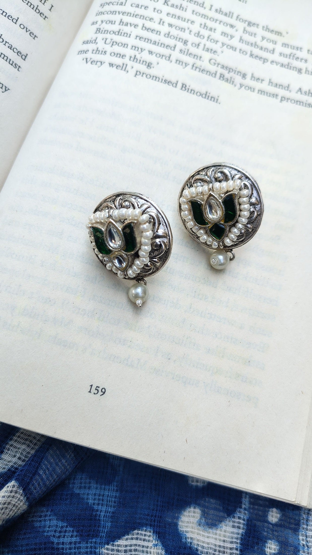 Sadabahaar Jewelry 92.5 Hallmark Silver Oversized Studs with Green and White Kundan and Pearl Drop for Women