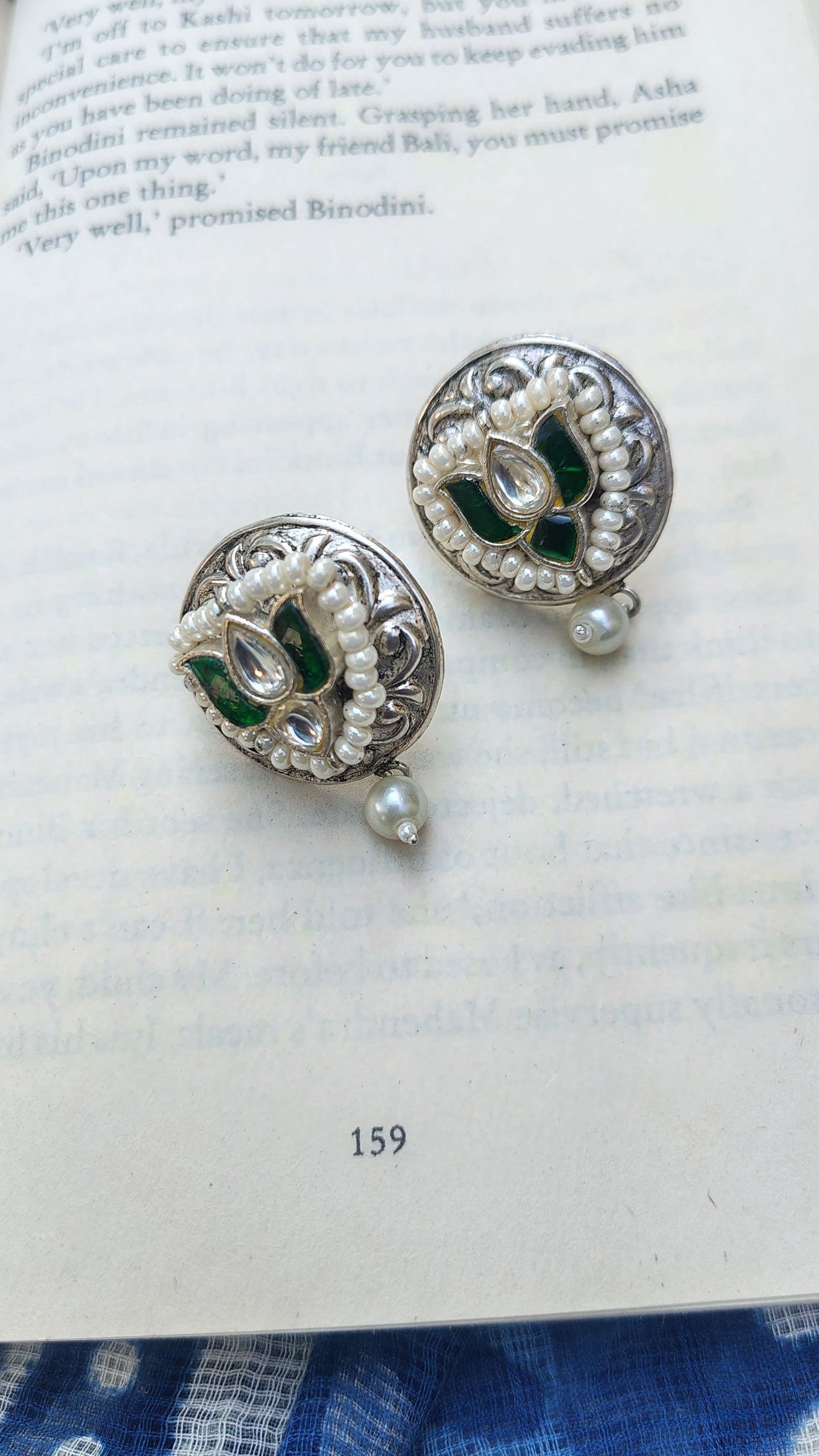 Sadabahaar Jewelry 92.5 Hallmark Silver Oversized Studs with Green and White Kundan and Pearl Drop for Women - front view