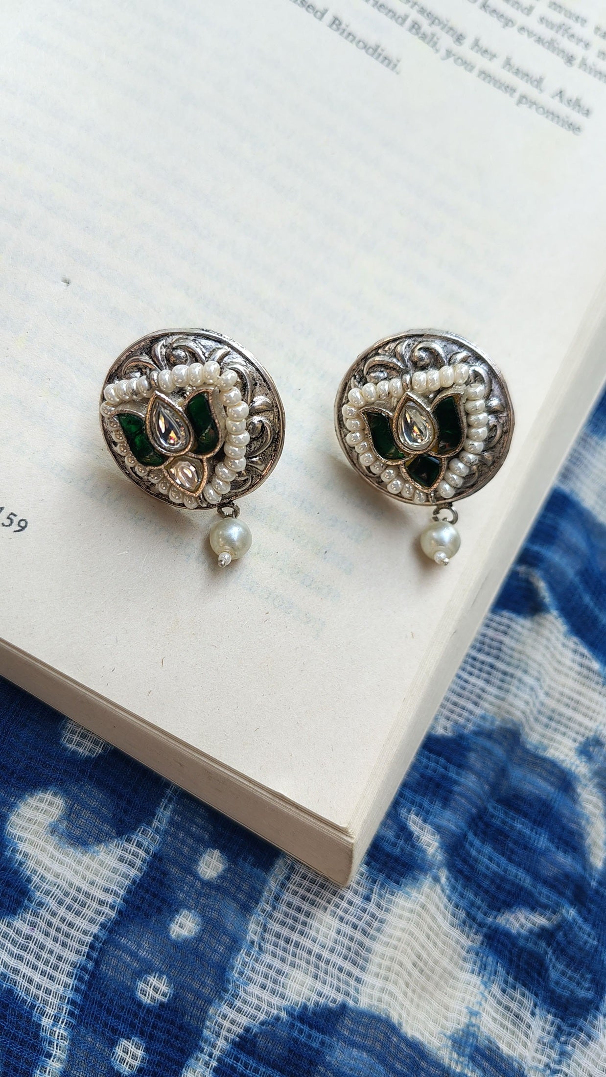 Sadabahaar Jewelry 92.5 Hallmark Silver Oversized Studs with Green and White Kundan and Pearl Drop for Women - Top view