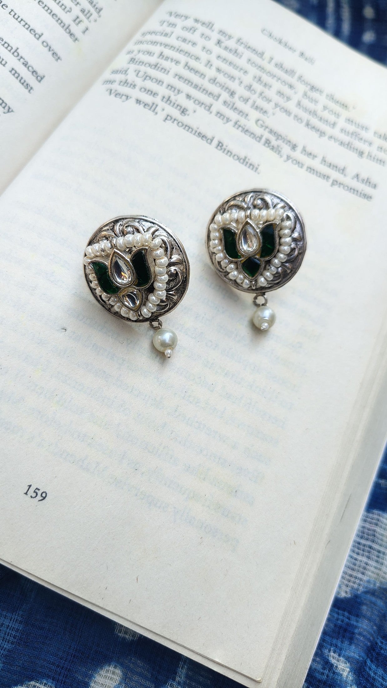 Sadabahaar Jewelry 92.5 Hallmark Silver Oversized Studs with Green and White Kundan and Pearl Drop for Women - side view