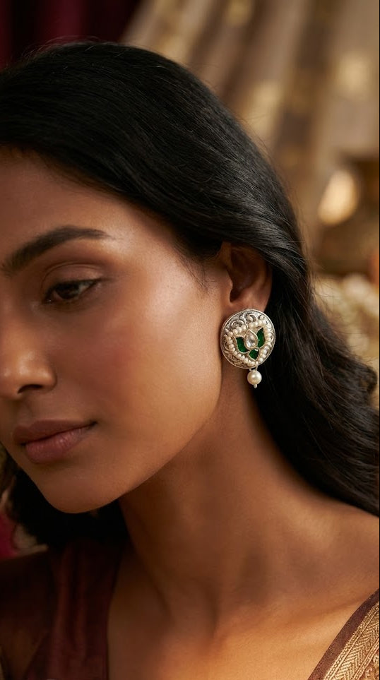Sadabahaar Jewelry 92.5 Hallmark Silver Oversized Studs with Green and White Kundan and Pearl Drop for Women - worn 