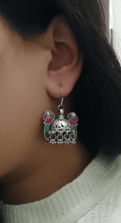 Side view of Pancchi Jhumka in pure silver with handcrafted detailing
