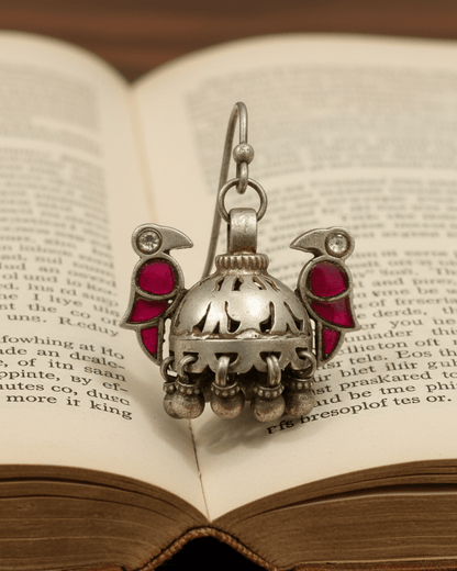 Side view of Pancchi Jhumka in pure silver with handcrafted detailing