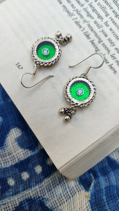 Sadabahaar Jewelry Authentic Vintage Silver Handpainted Foil Glass Earrings for Women- Green