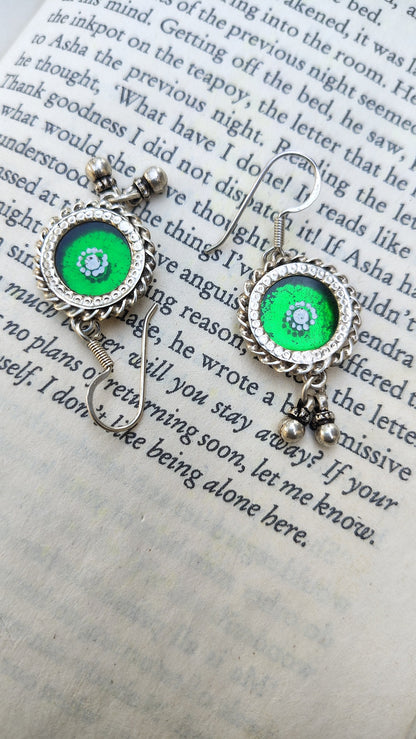 Sadabahaar Jewelry Authentic 92.5 Silver Handpainted Foil Glass Earrings for Women - Green