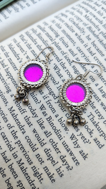 Sadabahaar Jewelry 92.5 Hallmark Silver Handpainted Foil Glass Earrings for Women - Pink