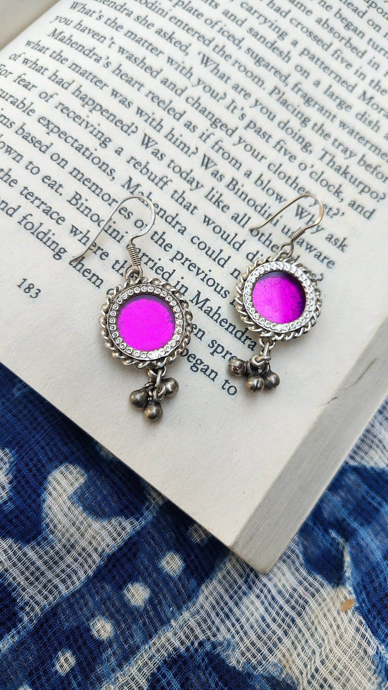 Sadabahaar Jewelry Authentic Vintage Silver Handpainted Foil Glass Earrings for Women - Pink