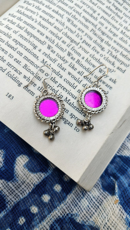 Sadabahaar Jewelry Authentic Vintage Silver Handpainted Foil Glass Earrings for Women - Pink