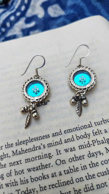 Sadabahaar Jewelry  92.5 Hallmark  Silver Handpainted Foil Glass Earrings for Women Teal