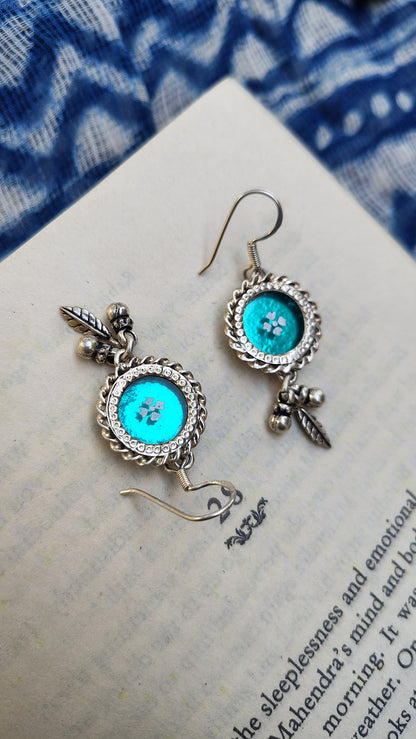 Sadabahaar Jewelry 92.5 Hallmark  Silver Handpainted Foil Glass Earrings for Women Teal