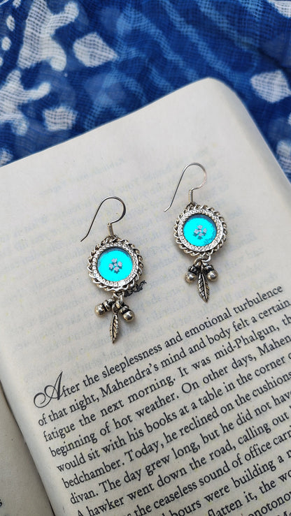 Sadabahaar Jewelry  92.5 Hallmark  Silver Handpainted Foil Glass Earrings for Women Teal