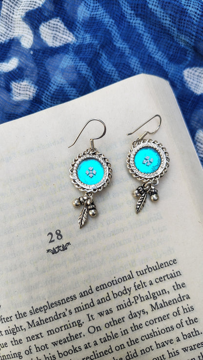 Sadabahaar Jewelry  92.5 Hallmark  Silver Handpainted Foil Glass Earrings for Women Teal