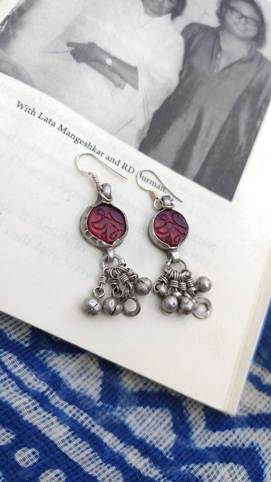 Sadabahaar Jewelry authentic vintage silver earrings inscribed red glass stones ghungroo geometric dangler heirloom