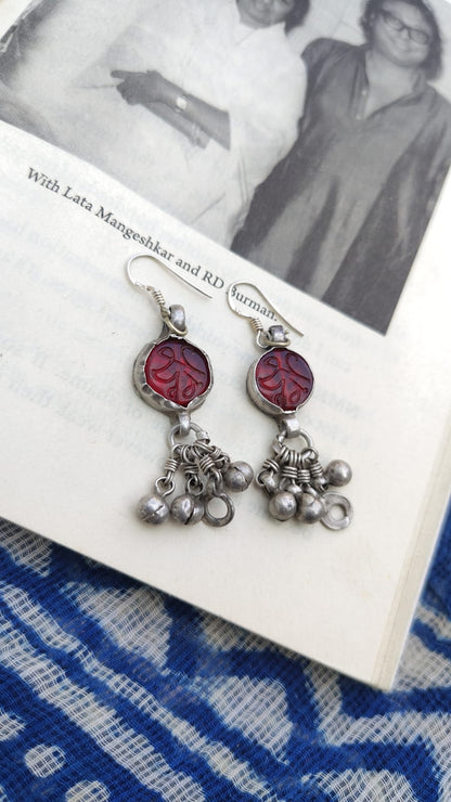 Sadabahaar Jewelry authentic vintage silver earrings inscribed red glass stones ghungroo geometric dangler heirloom