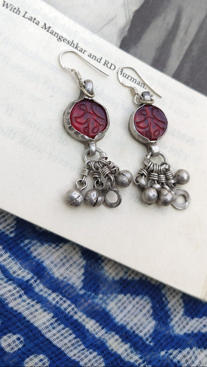 Sadabahaar Jewelry authentic vintage silver earrings inscribed red glass stones ghungroo geometric dangler heirloom - top view