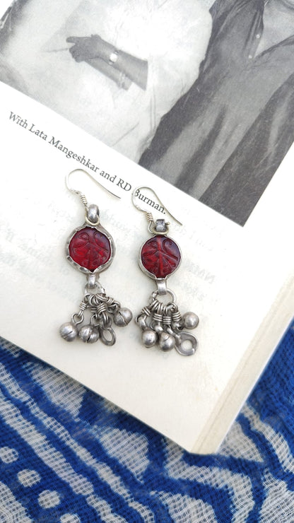Sadabahaar Jewelry authentic vintage silver earrings inscribed red glass stones ghungroo geometric dangler heirloom