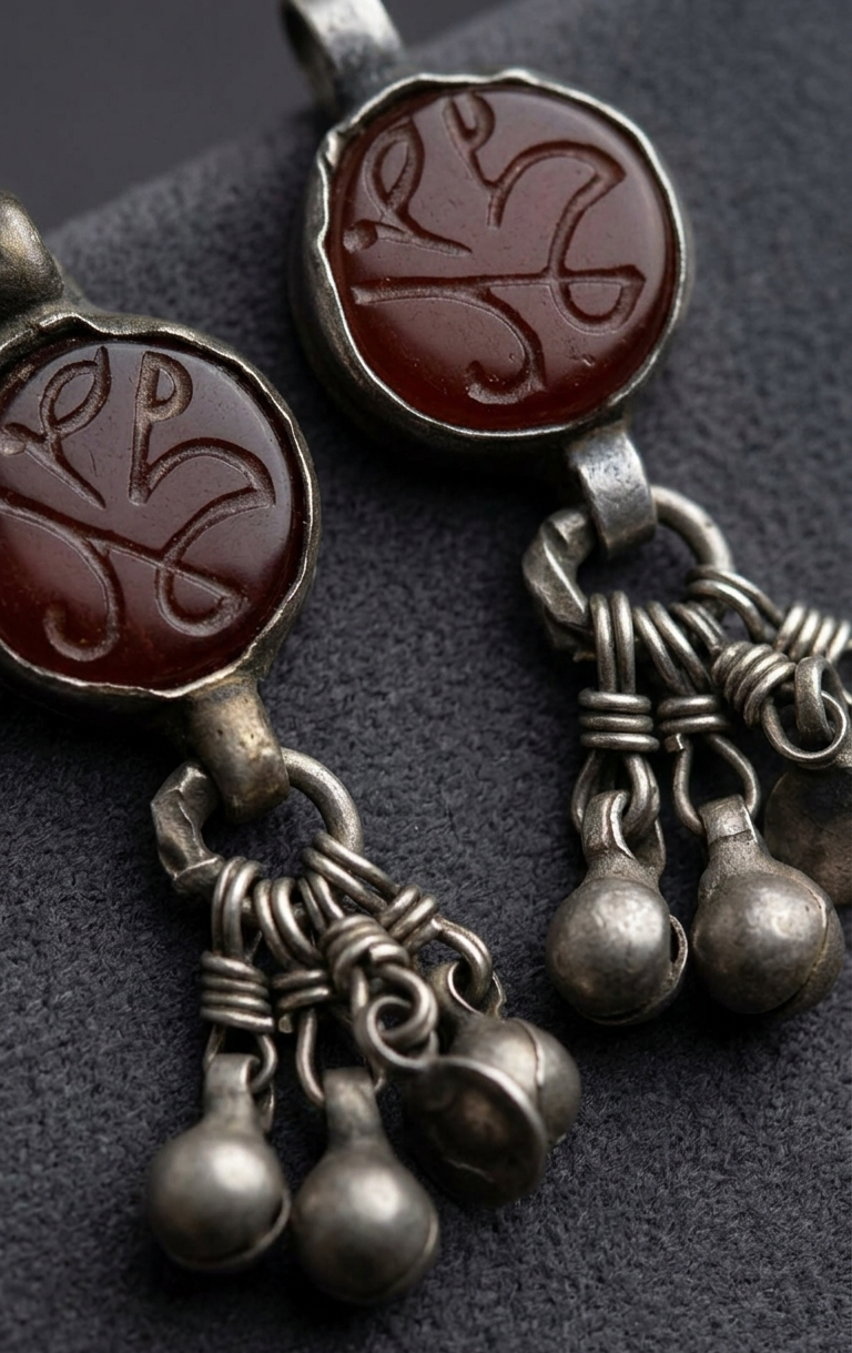 A close-up of a pair of silver-toned traditional earrings with round reddish-brown carved stone tops and dangling triple bead chains, displayed on a dark textured surface.