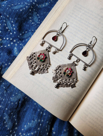 Side view of Prajjwala Earrings in pure silver with handcrafted detailing