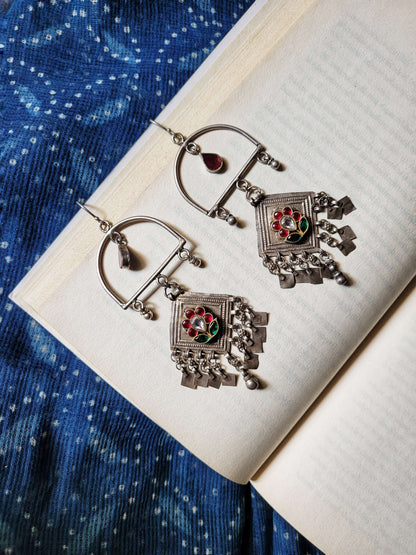 Side view of Prajjwala Earrings in pure silver with handcrafted detailing