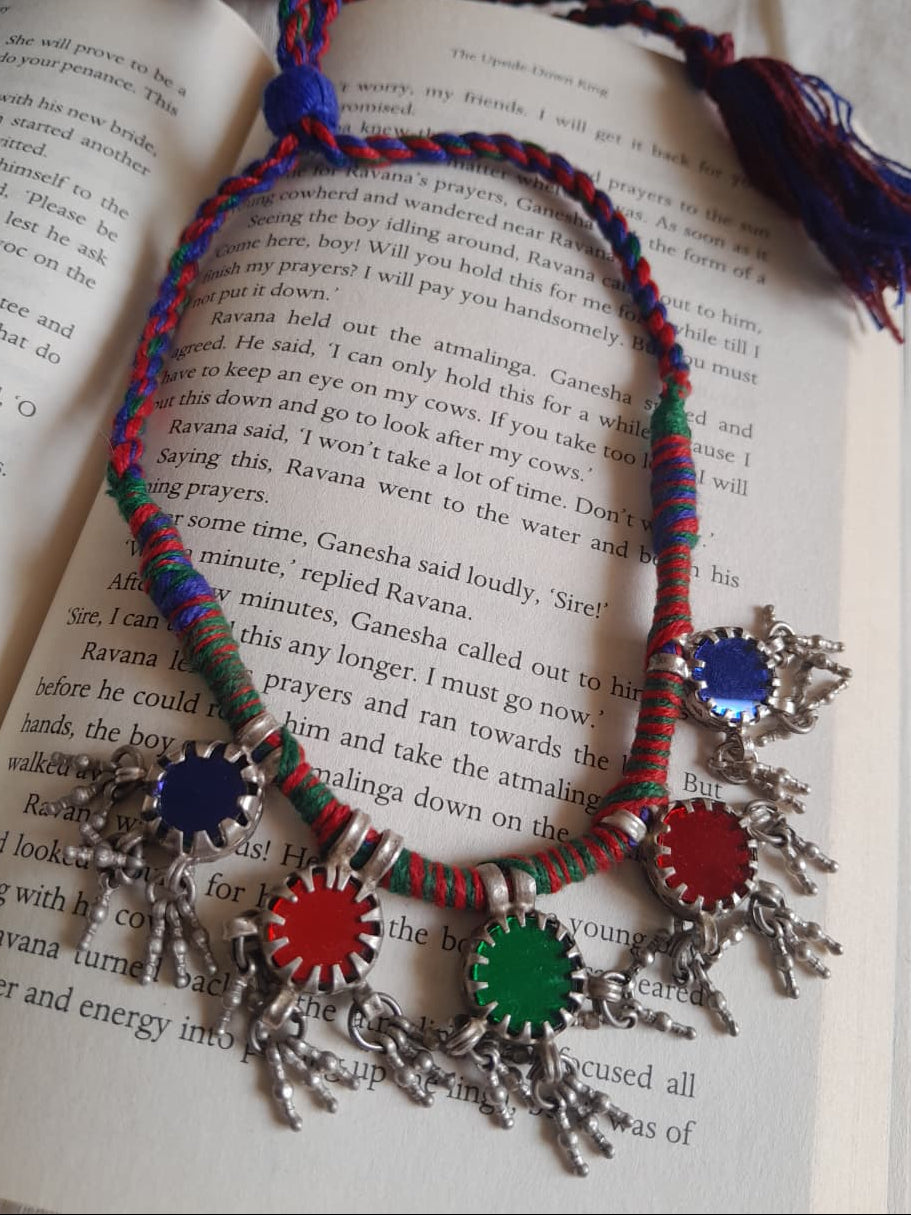 Sadabahaar Jewelry authentic vintage silver Pujo multicolour glass stone necklace royal blue red green alternating strand heritage heirloom