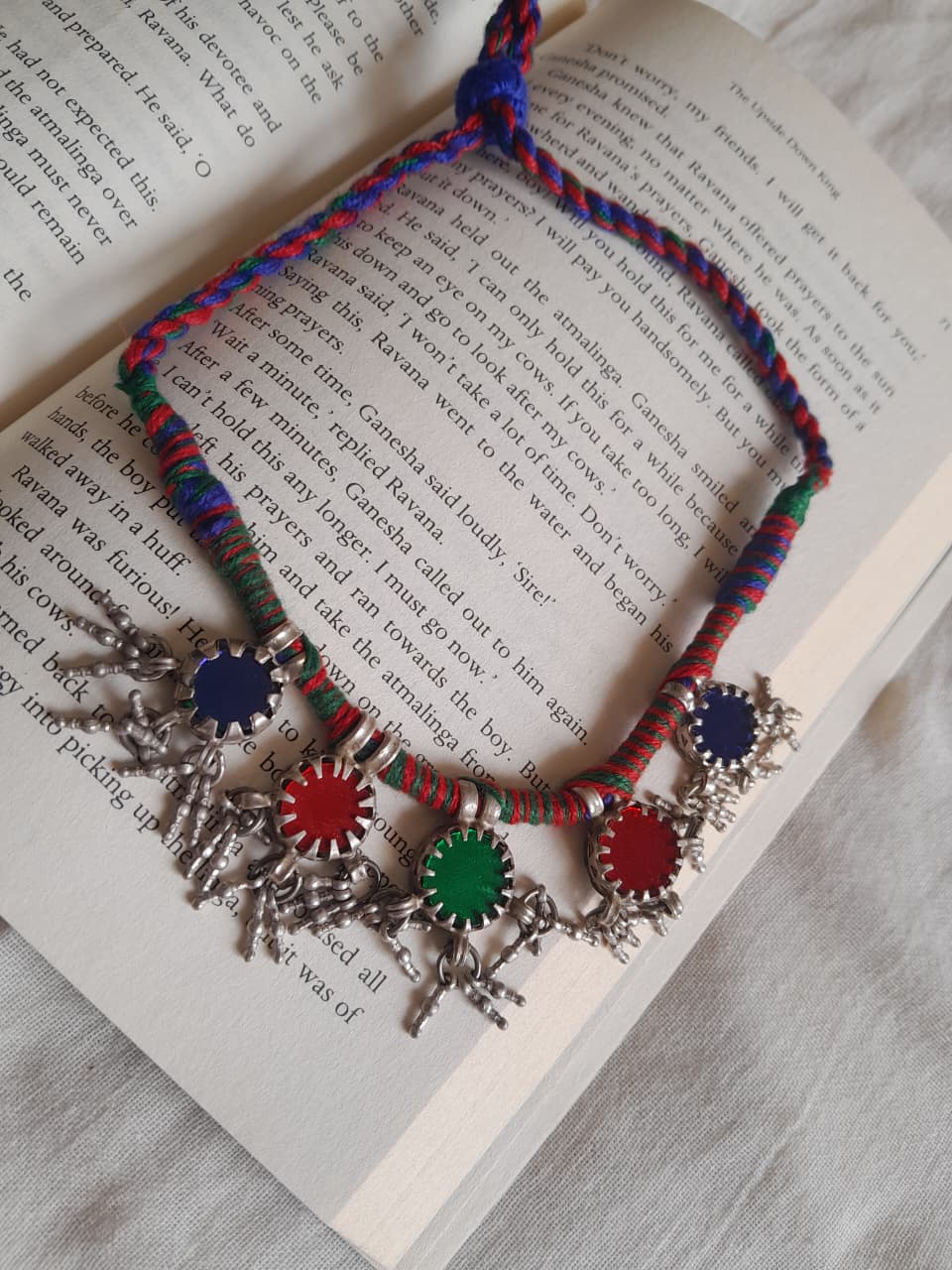 Sadabahaar Jewelry authentic vintage silver Pujo multicolour glass stone necklace royal blue red green alternating strand heritage heirloom