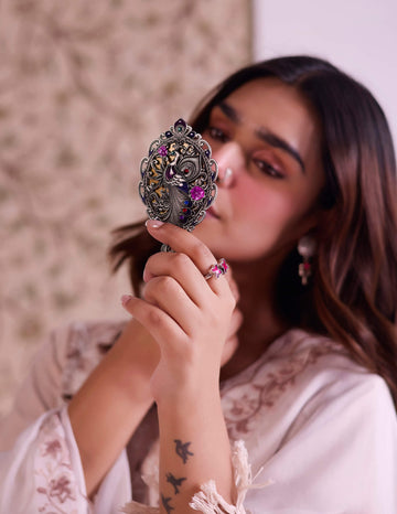 Rang-Birangi Ring in pure silver with handcrafted detailing