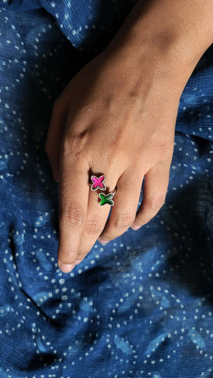 Side view of Rang-Birangi Ring in pure silver with handcrafted detailing