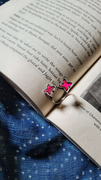 Side view of Rang-Birangi Ring in pure silver with handcrafted detailing