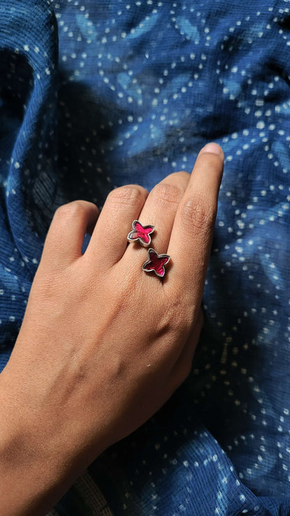 Side view of Rang-Birangi Ring in pure silver with handcrafted detailing