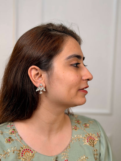 Sadabahaar Jewelry 92.5 hallmark silver chandbali white kundan stones pearl clusters minimalist chic post fitting heirloom