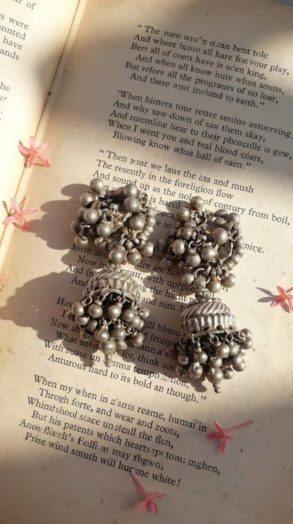 Side view of Rimjhim Vintage Jhumka in pure silver with vintage detailing