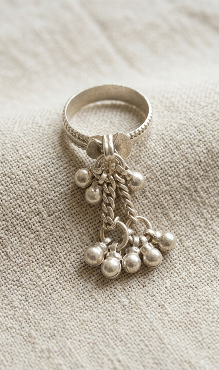A silver-toned ring with a textured band and dangling charm elements, including small bead clusters and a twisted rope detail, photographed on a neutral beige fabric background.