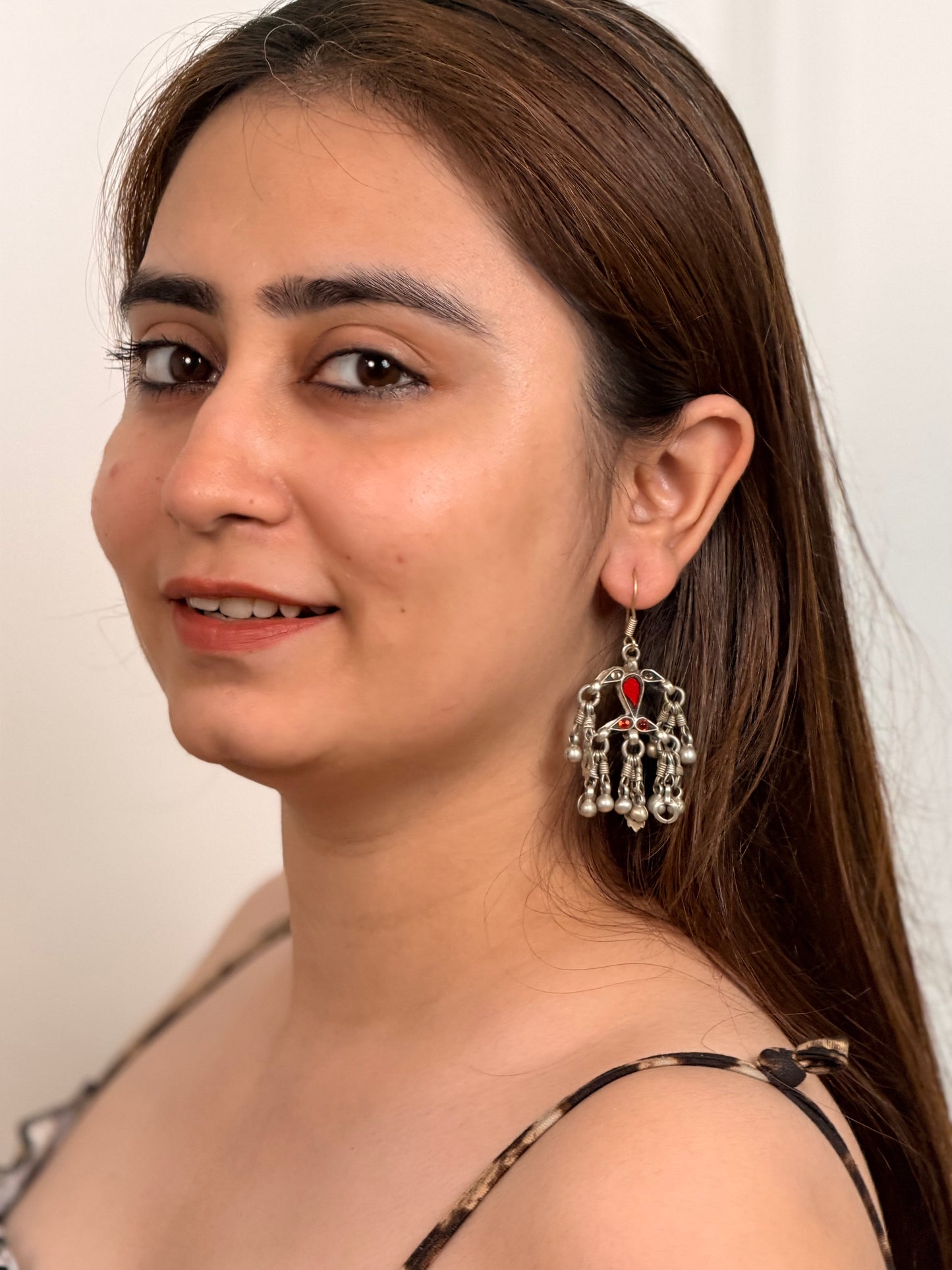 Red and yellow glass vintage silver earrings - Sadabahaar Jewelry
