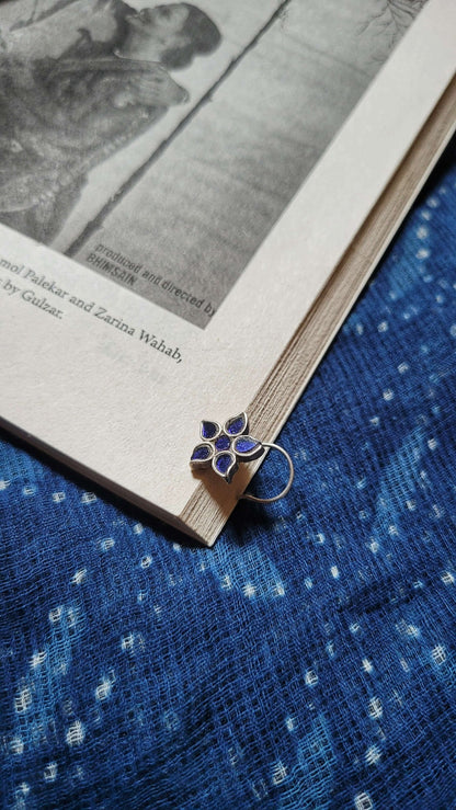 Side view of Saarang Nose-Pin in pure silver with handcrafted detailing