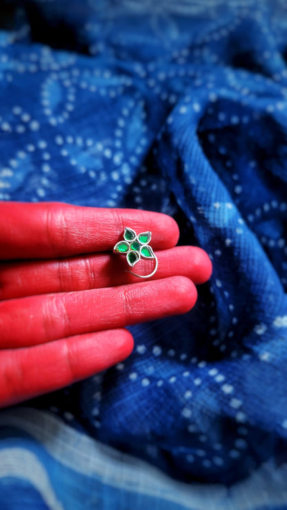 Side view of Saarang Nose-Pin in pure silver with handcrafted detailing