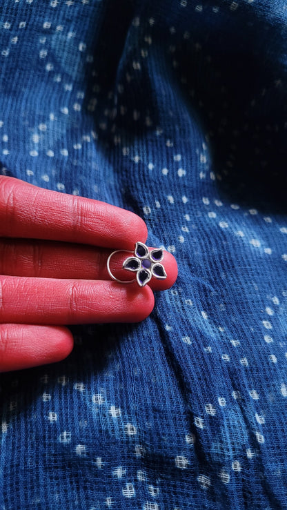 Side view of Saarang Nose-Pin in pure silver with handcrafted detailing